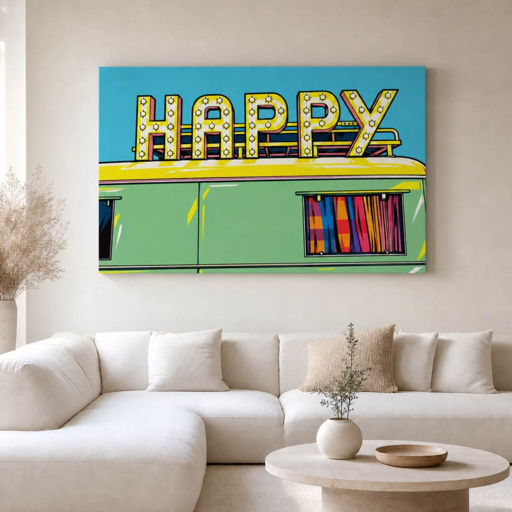 [ai-modified;e:living-room] In einer hellen Wohnsituation hängt das Wandbild Happy meets Popart