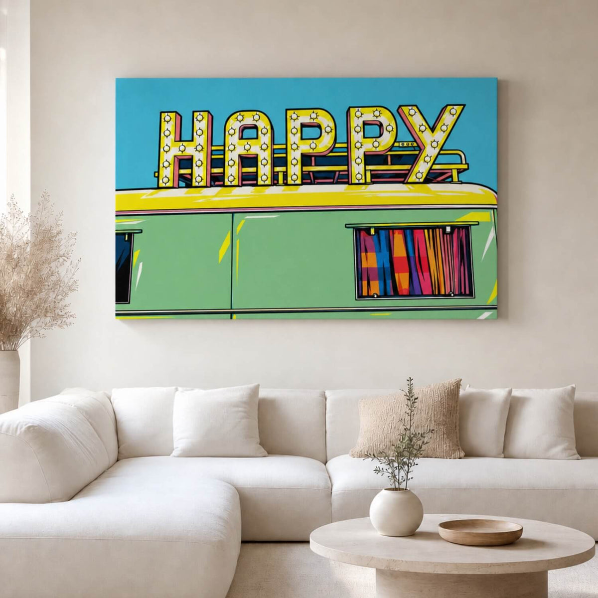 [ai-modified;e:living-room] In einer hellen Wohnsituation hängt das Wandbild Happy meets Popart