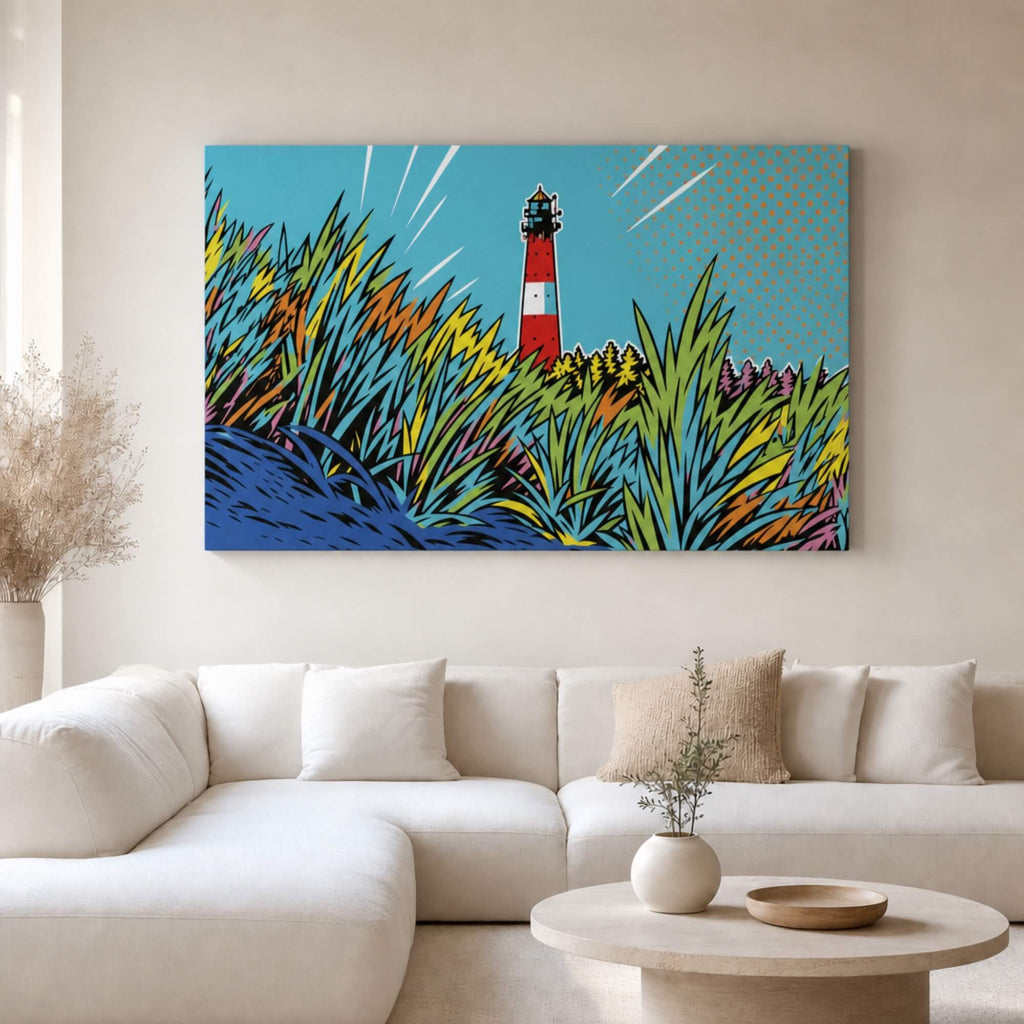 [ai-modified;e:living-room] In einer hellen Wohnsituation hängt das 88Miles Wandbild: Leuchtturm meets Popart
