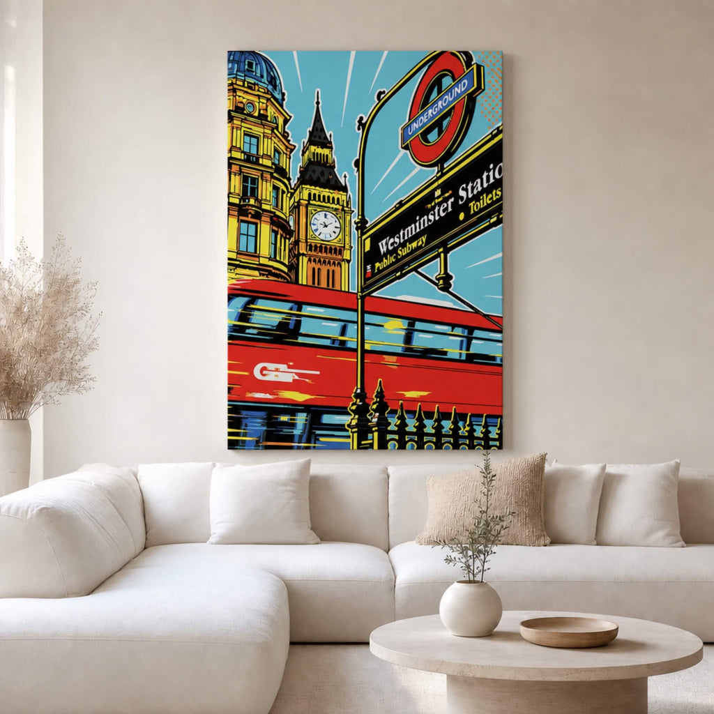 [ai-modified;e:living-room] In einer hellen Wohnsituation hängt das 88Miles Wandbild: London meets Popart