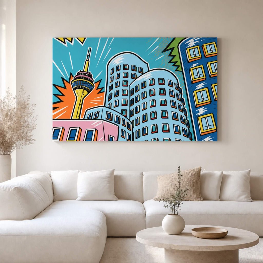 [ai-modified;e:living-room] In einer hellen Wohnsituation hängt das 88Miles Wandbild: Medienhafen meets Popart