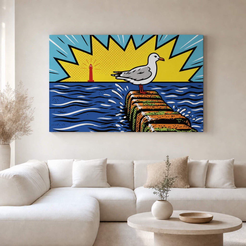 [ai-modified;e:living-room] In einer hellen Wohnsituation hängt das 88Miles Wandbild: moewe meets popart
