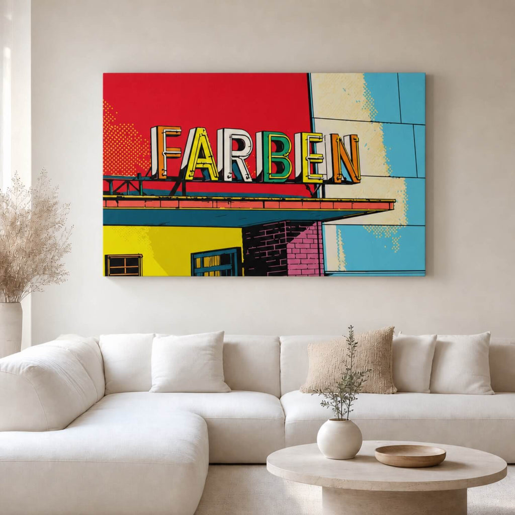 [ai-modified;e:living-room] In einer hellen Wohnsitaution hängt das Wandbild Farben meets Popart