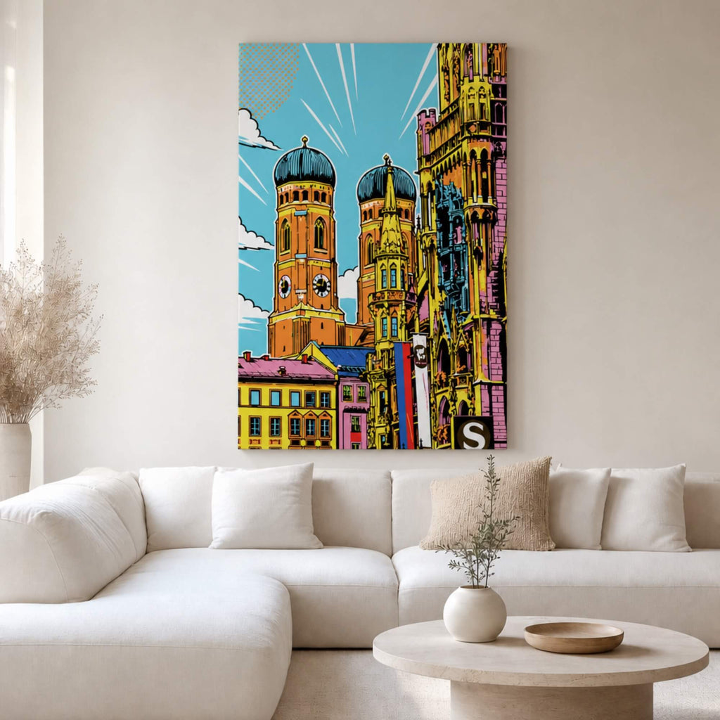 [ai-modified;e:living-room] In einer hellen Wohnsituation hängt das 88Miles Wandbild: München meets Popat