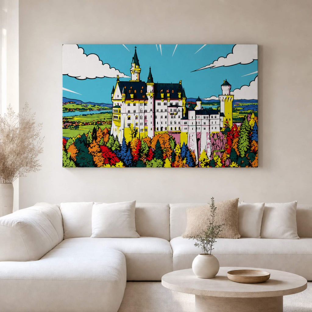[ai-modified;e:living-room] In einer hellen Wohnsituation hängt das Wandbild: Märchenschloß meets Popart