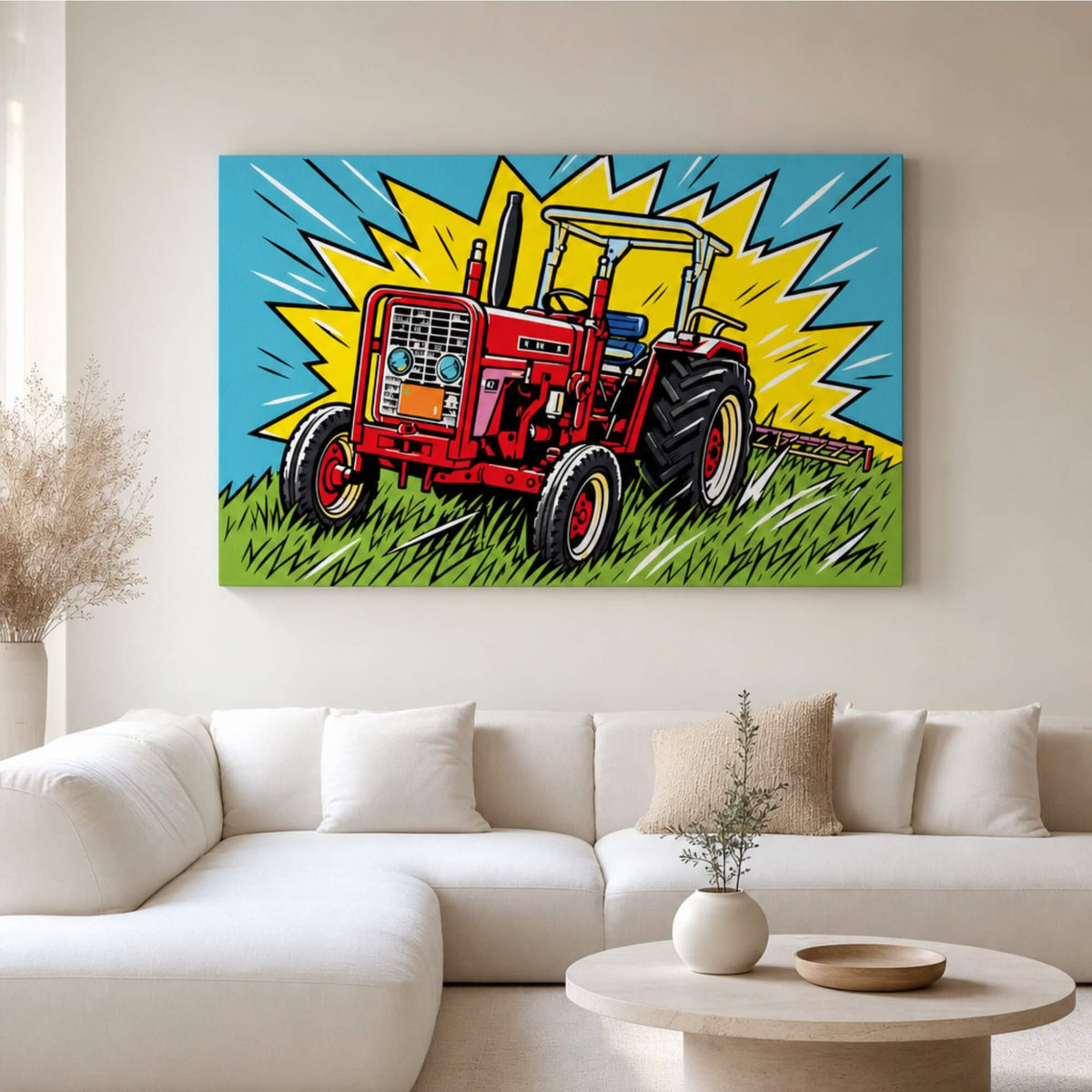 [ai-modified;e:living-room] In einer hellen Wohnsituation hängt das 88Miles Wandbild: Traktor meets Popart