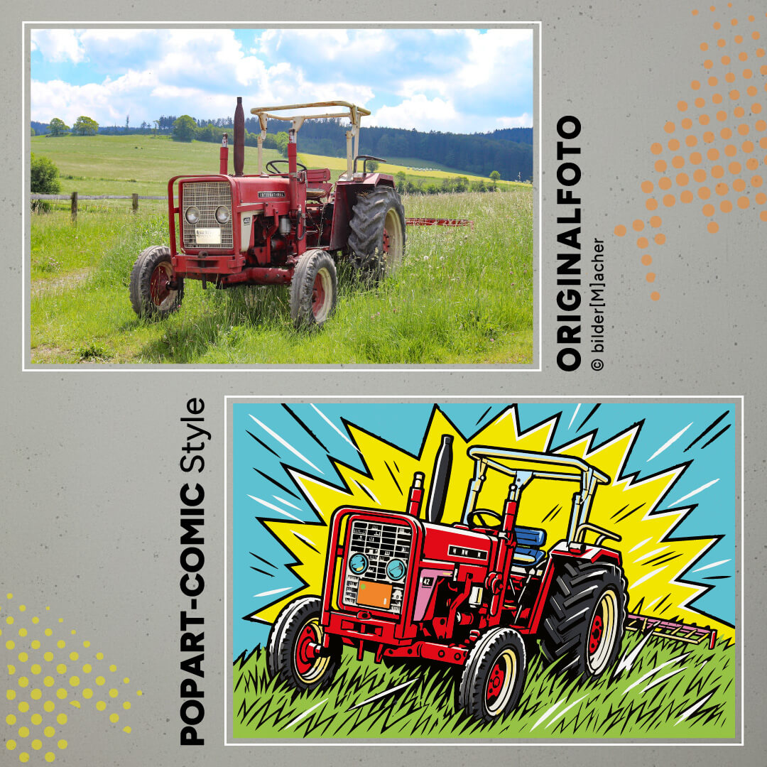 Popart Wandbild eines Traktors abgeleitet von einem echten Motiv